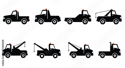 Simple black and white illustration depicting a row of tow trucks