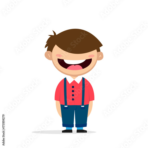 Funny abstract character guy with bangs and a wide smile in a red shirt and pants with suspenders