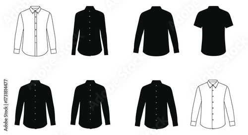 Illustrative collection of various shirt templates in black and white tones