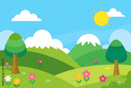 A serene cartoon scene of a spring hillside meadow vector illustration