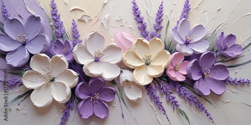 Exquisite, high-resolution oil painting of lavender, cream, pink, and purple flowers with thick, impasto brushstrokes. Soft light background enhances depth and serene beauty. Banner, wallart
