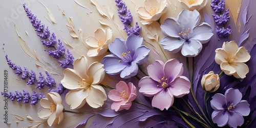Exquisite, high-resolution oil painting of lavender, cream, pink, and purple flowers with thick, impasto brushstrokes. Soft light background enhances depth and serene beauty. Banner, wallart