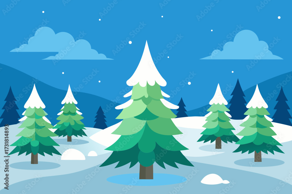 Obraz premium A serene cartoon scene of a snowy pine forest vector illustration