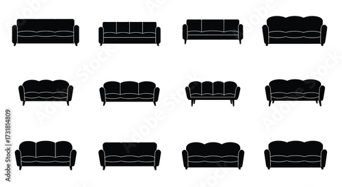 A collection of various black silhouette sofa designs on a white background