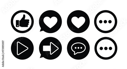 Black social media icons depicting likes comments shares and more
