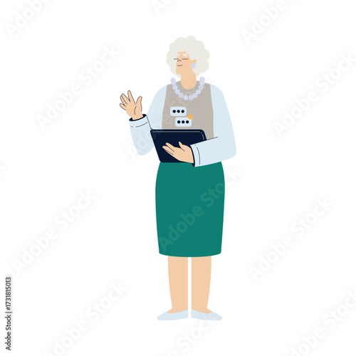 Old Woman Character with Tablet Use Internet and Modern Gadget Vector Illustration