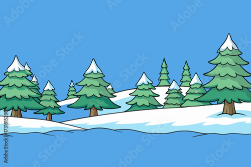 A beautiful cartoon background of a snow forest with pine trees vector illustration