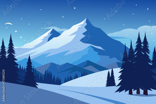 A simple cartoon illustration of a snow forest with pine trees vector illustration