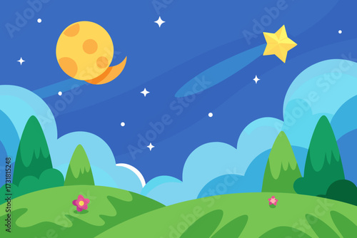 A magical cartoon background of a starry fantasy meadow vector illustration