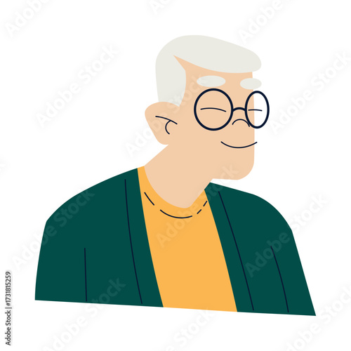 Happy Senior Man with Grey Hair and Smiling Face Vector Illustration