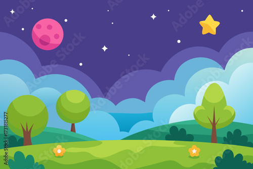 A cartoon starry fantasy meadow background vector illustration