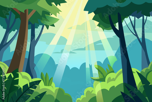 A cartoon illustration of a tropical forest canopy with sunlight vector illustration