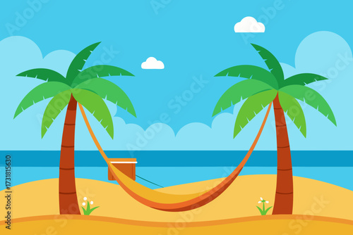 A relaxing cartoon scene of a tropical beach with a hammock vector illustration