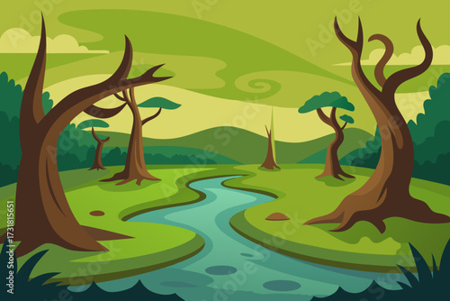 A spooky cartoon scene of a swamp with twisted trees vector illustration