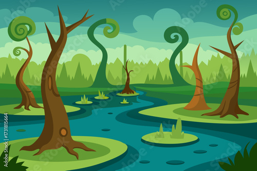 A cartoon illustration of a swamp with twisted trees vector illustration