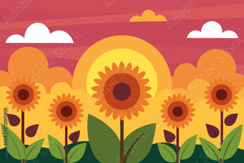 A beautiful cartoon scene of a sunflower meadow at sunset vector illustration