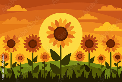 A simple cartoon of a sunflower meadow at sunset vector illustration