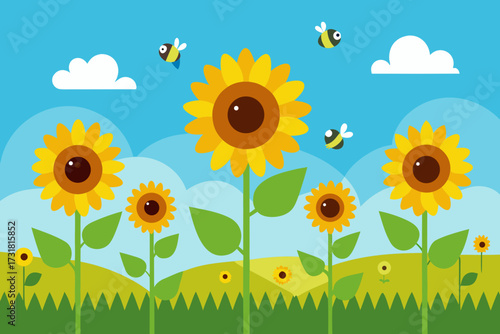 A cartoon illustration of a sunflower meadow with bees vector illustration