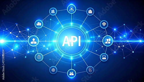Wallpaper Mural A digital illustration of interconnected icons representing data flow and user interface on a glowing blue background. Central text states API Torontodigital.ca