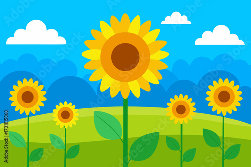 A beautiful cartoon scene of a sunflower field under a blue sky vector illustration