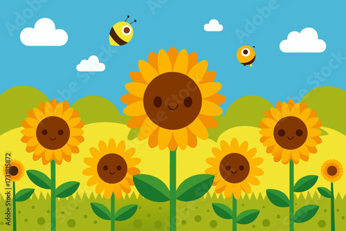 A simple cartoon of a sunflower meadow with bees vector illustration