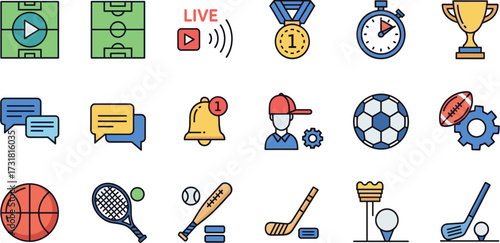 Colorful Outline Sports and Games Element Icon Set with Various Equipments