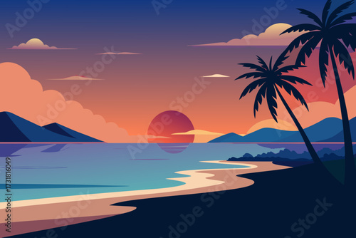A vibrant cartoon illustration of a tropical beach sunset with waves vector illustration
