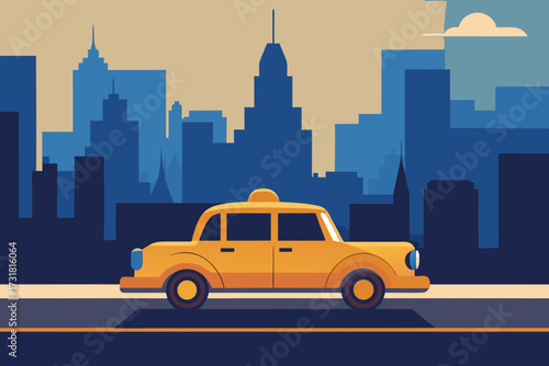 A cartoon illustration of a taxi in a city vector illustration