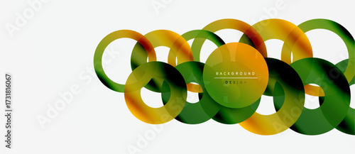 Abstract colorful circles overlap creating dynamic composition. Gradient shades present modern design element. Simple background enhances visual impact.