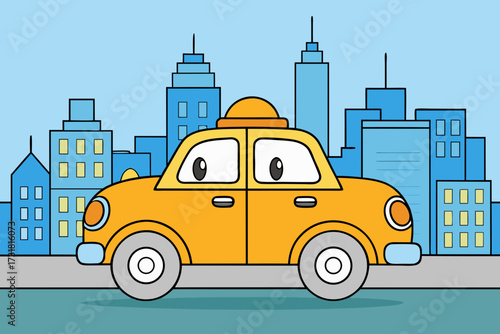 A bustling cartoon scene of a taxi in a city vector illustration
