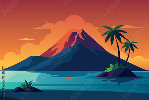 A simple cartoon illustration of a tropical island volcano vector illustration