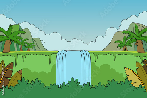 A beautiful cartoon background of a tropical jungle waterfall vector illustration