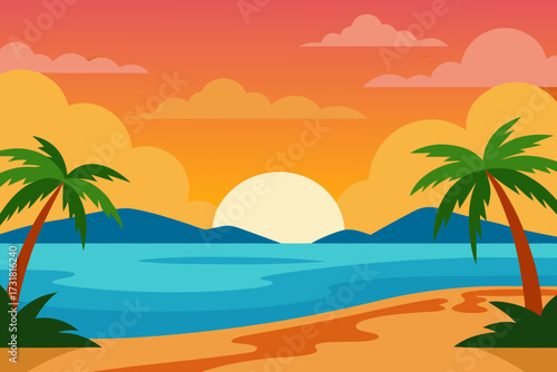 A serene cartoon scene of a tropical beach sunset with waves vector illustration