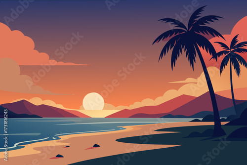 A simple cartoon illustration of a tropical beach sunset with waves vector illustration