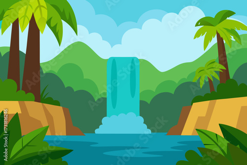 A cartoon tropical jungle waterfall background vector illustration