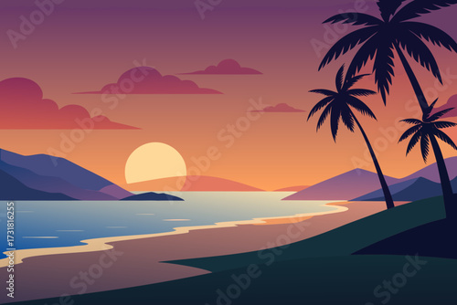 A cartoon tropical beach sunset background with waves vector illustration