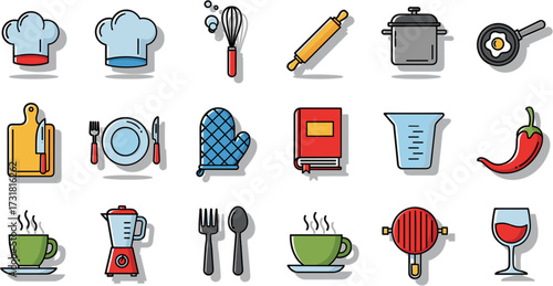 Flat Line Style Kitchen Utensil and Food Illustration Icon Set