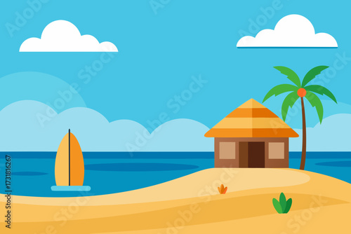 A vibrant cartoon background of a summer beach hut with a surfboard vector illustration
