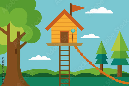 A detailed cartoon background of a treehouse with a ladder and ropes vector illustration