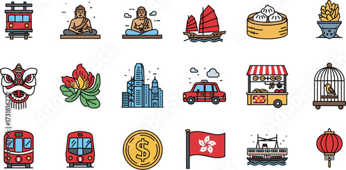 Colorful Line Art Hong Kong Icon Collection Cultural Travel Destination Symbol