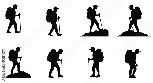 Silhouette hiking figures in varying poses suggest outdoor adventure and exploration