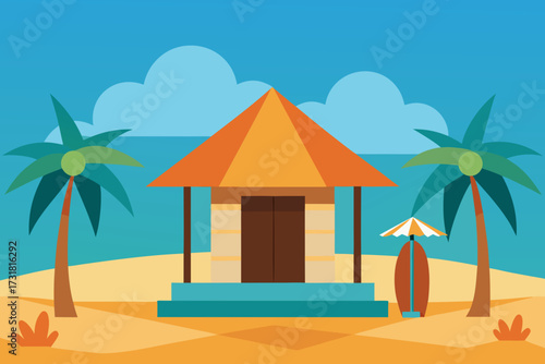 A cartoon summer beach hut background with a surfboard vector illustration