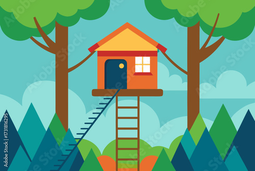 A cartoon treehouse background with a ladder and ropes vector illustration