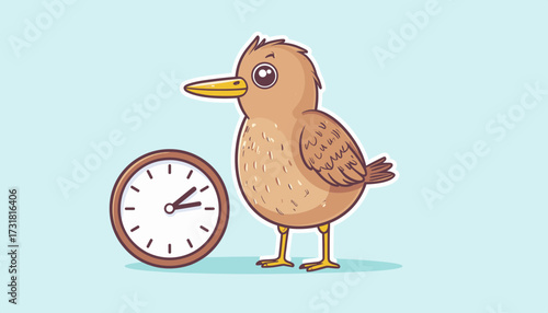 Cute kiwi bird standing with clock cartoon