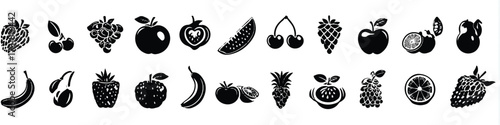 Black and white vector illustration of various fruits including berries citrus fruits and tropical varieties in clean design