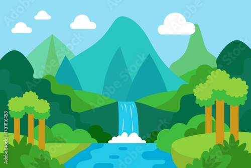 A cartoon illustration of a rainforest with a waterfall stream vector illustration