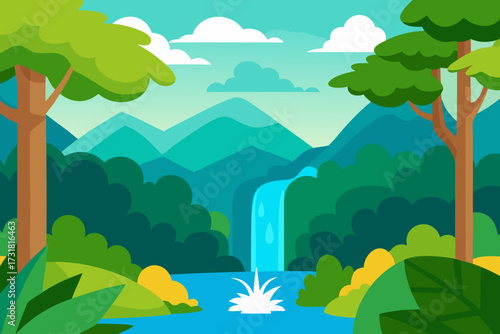 A beautiful cartoon scene of a rainforest with a waterfall stream vector illustration