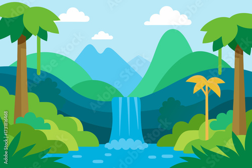 A serene cartoon of a rainforest with a waterfall stream vector illustration