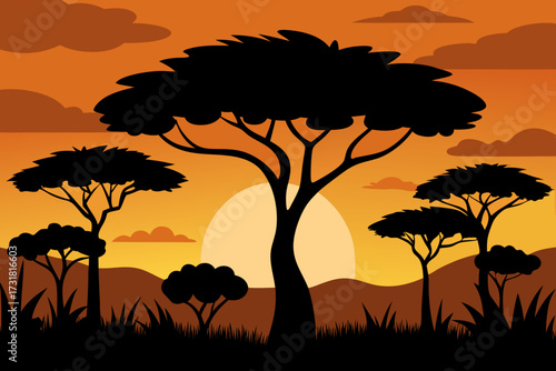 A beautiful cartoon scene of savanna tree silhouettes at dusk vector illustration
