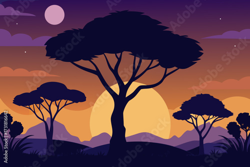 A simple cartoon of savanna tree silhouettes at dusk vector illustration